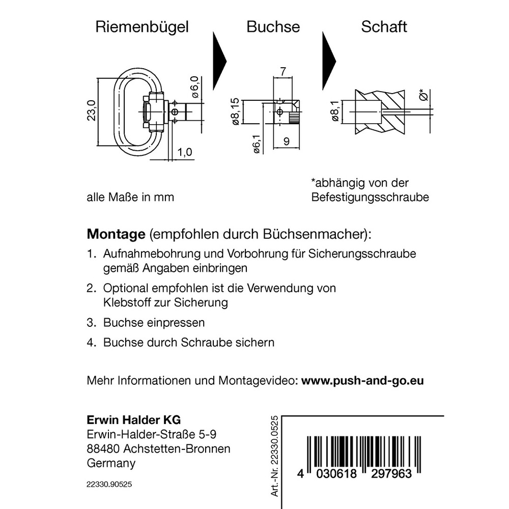 Riemenbügel und Buchse SLIM "Push & Go", Halder