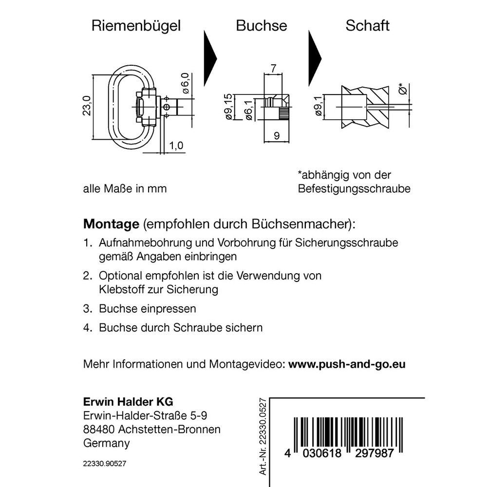 Riemenbügel und Buchse SLIM "Push & Go", Halder