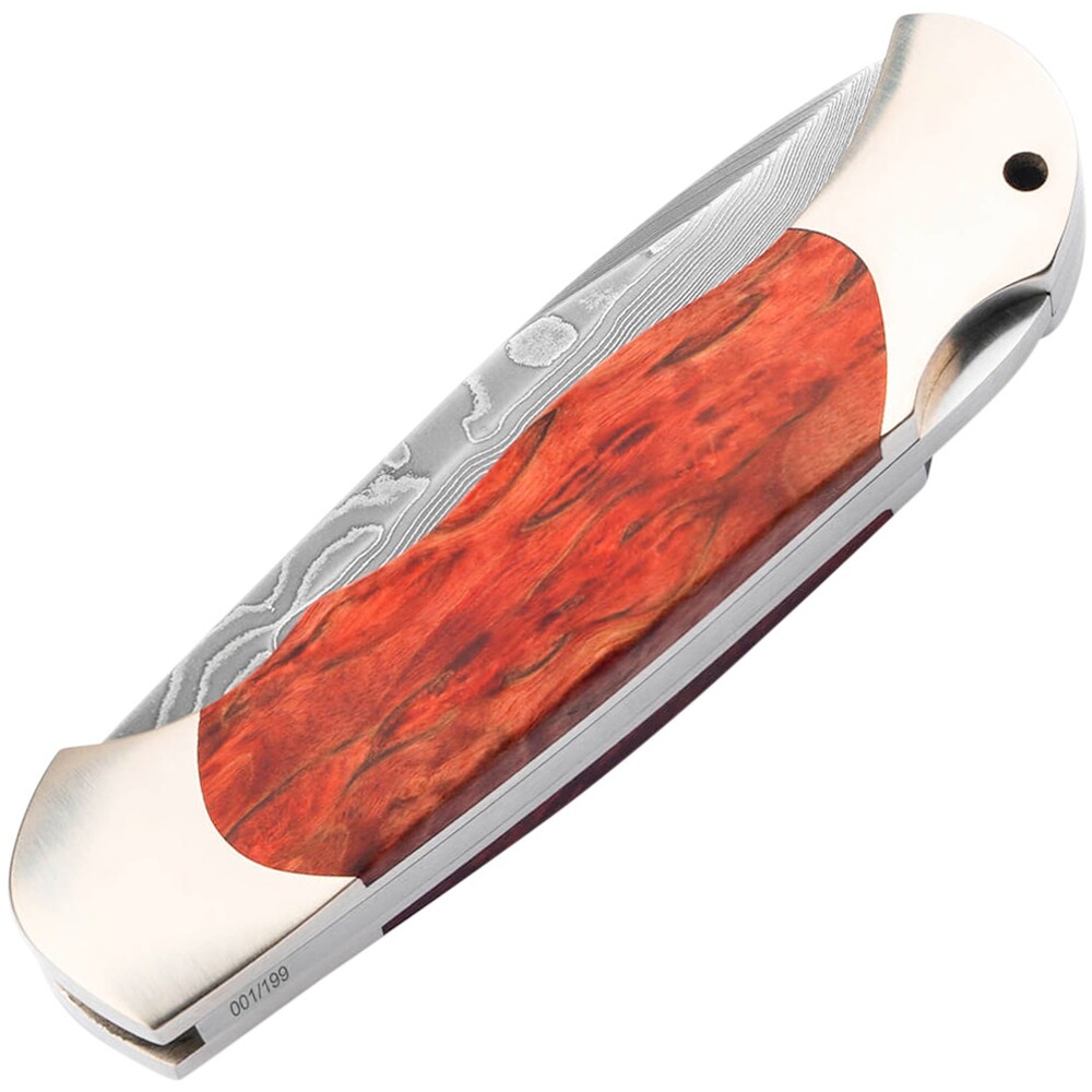 Klappmesser Optima Maserbirke Bloody Orange Damast, Böker