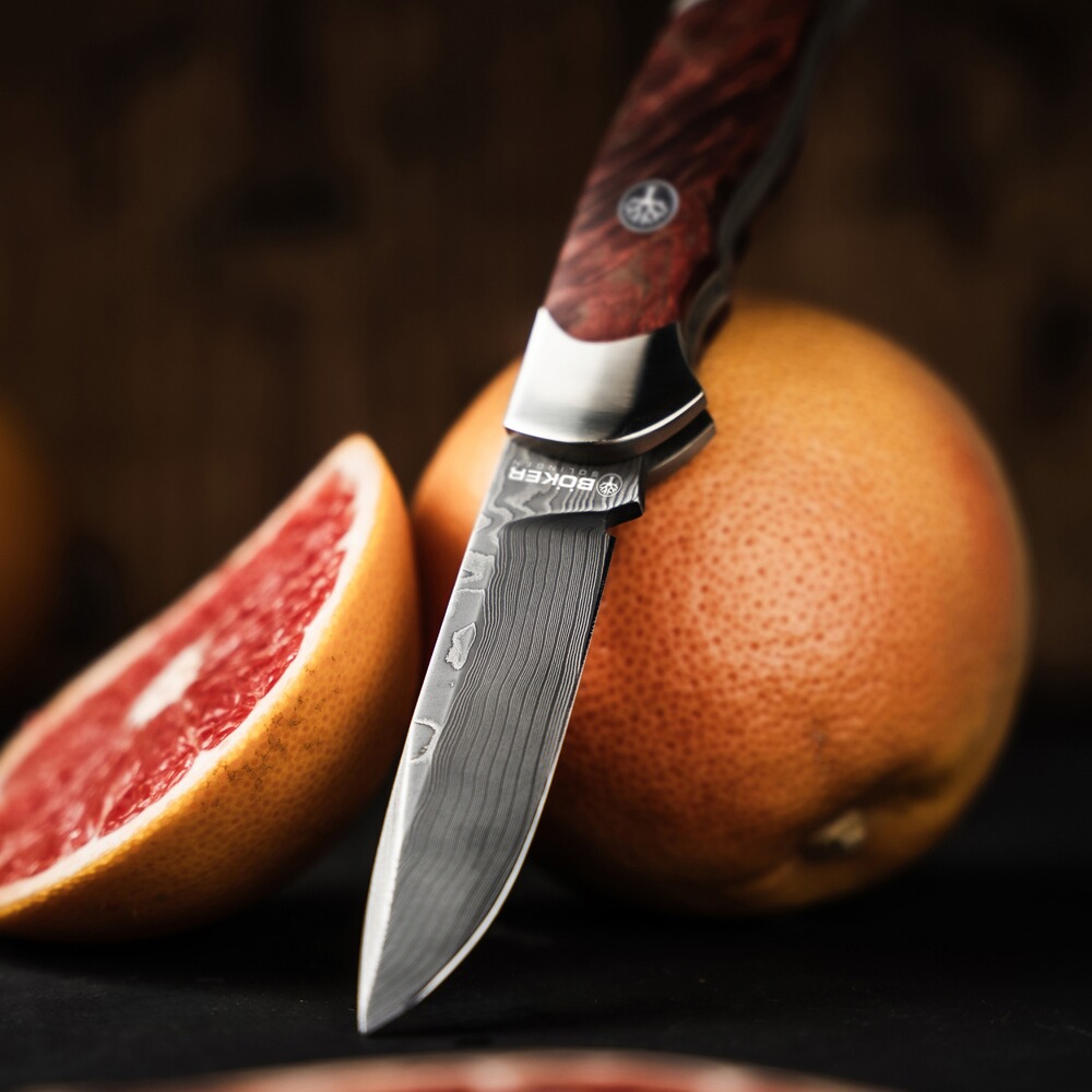 Klappmesser Optima Maserbirke Bloody Orange Damast, Böker