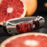 Klappmesser Optima Maserbirke Bloody Orange Damast, Böker