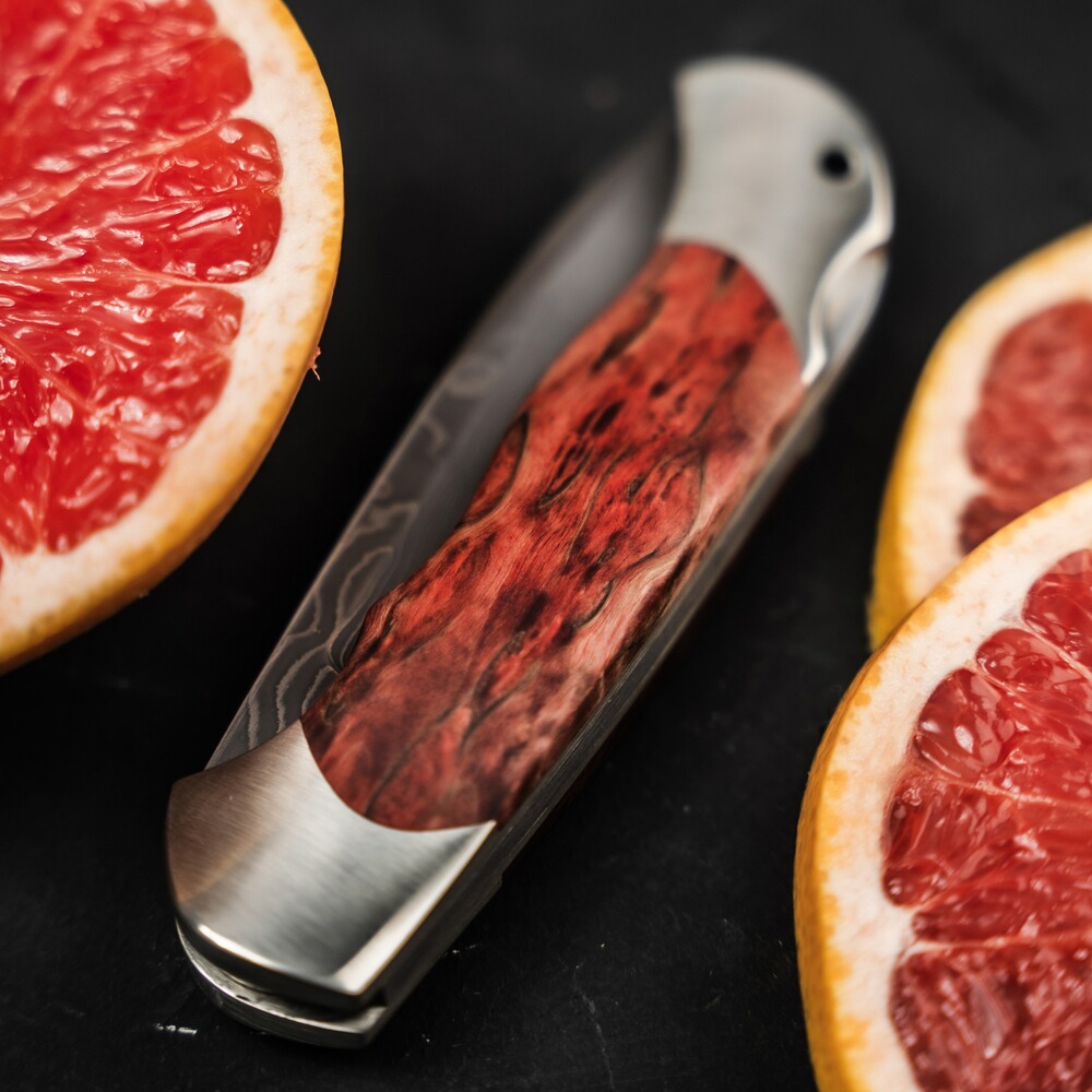 Klappmesser Optima Maserbirke Bloody Orange Damast, Böker